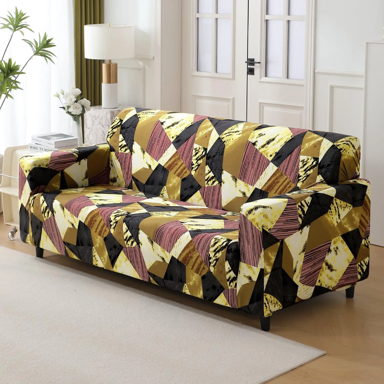 Elastic Stretchable Printed 140gsm Fully Covered Sofa Cover, Wine Abstract Geometry