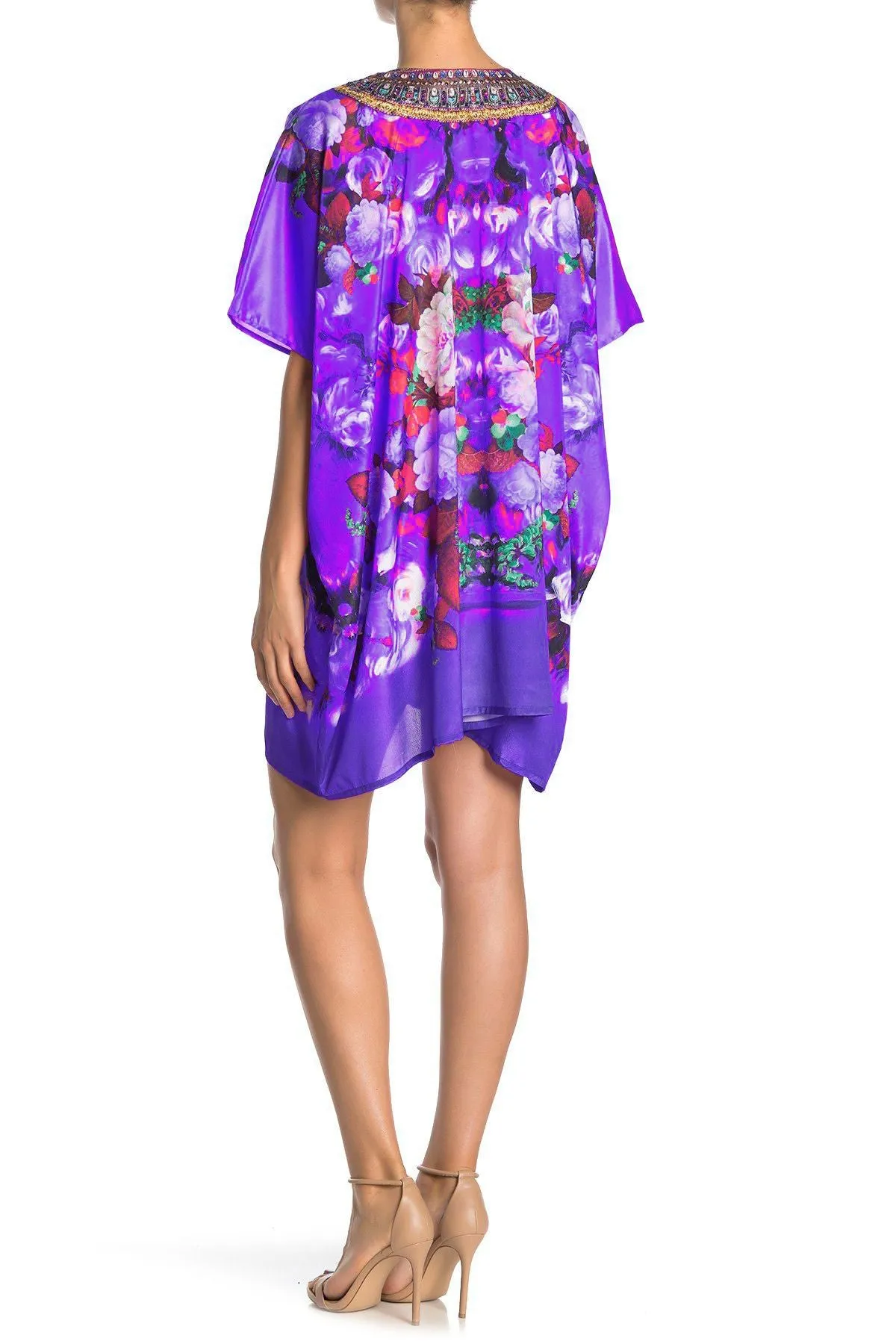 Flower Print Short Kaftan Dress in Purple