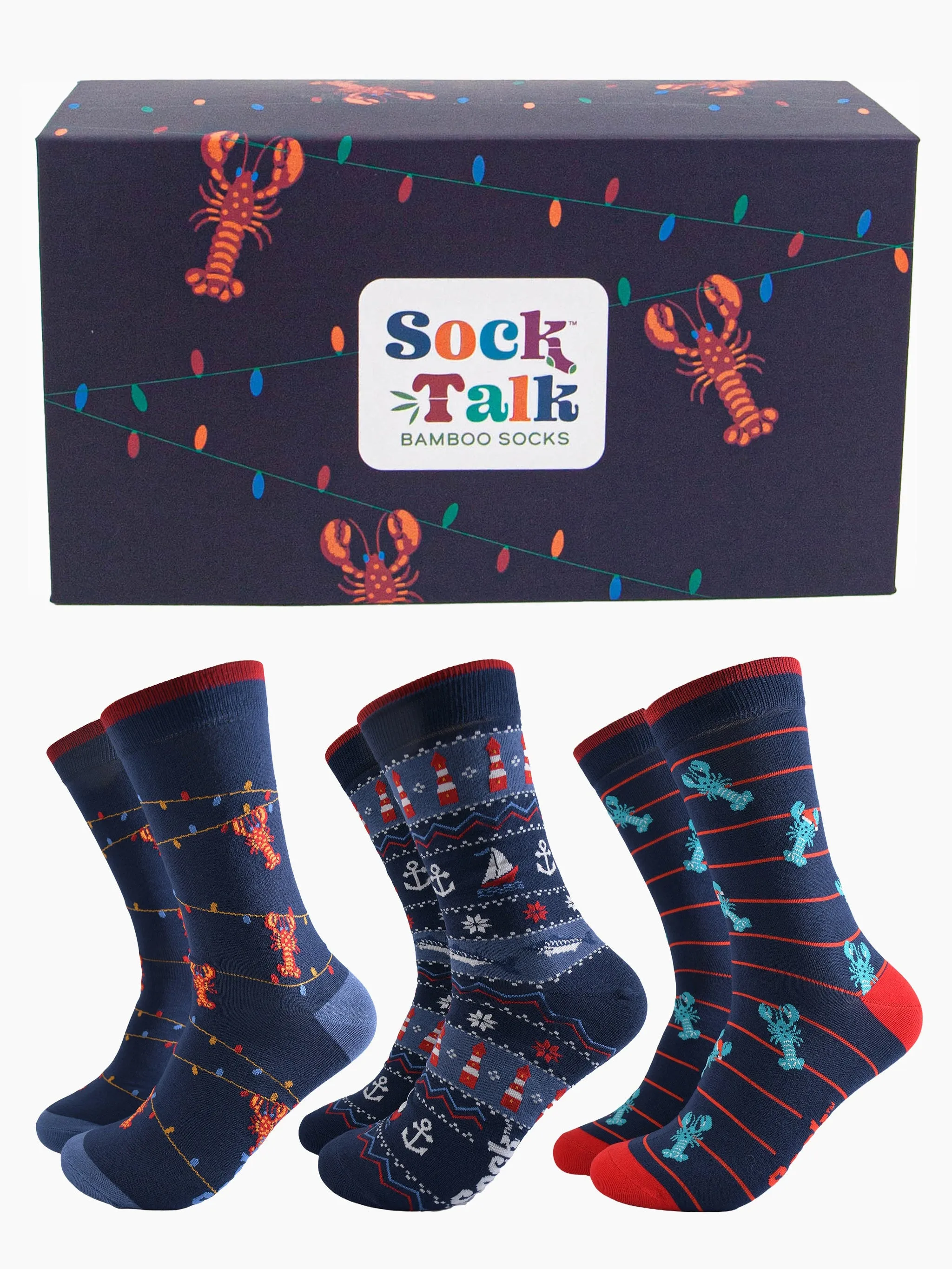 Men's Bamboo Socks Gift Box - Navy Blue, Nautical Lobsters