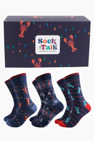 Men's Bamboo Socks Gift Box - Navy Blue, Nautical Lobsters
