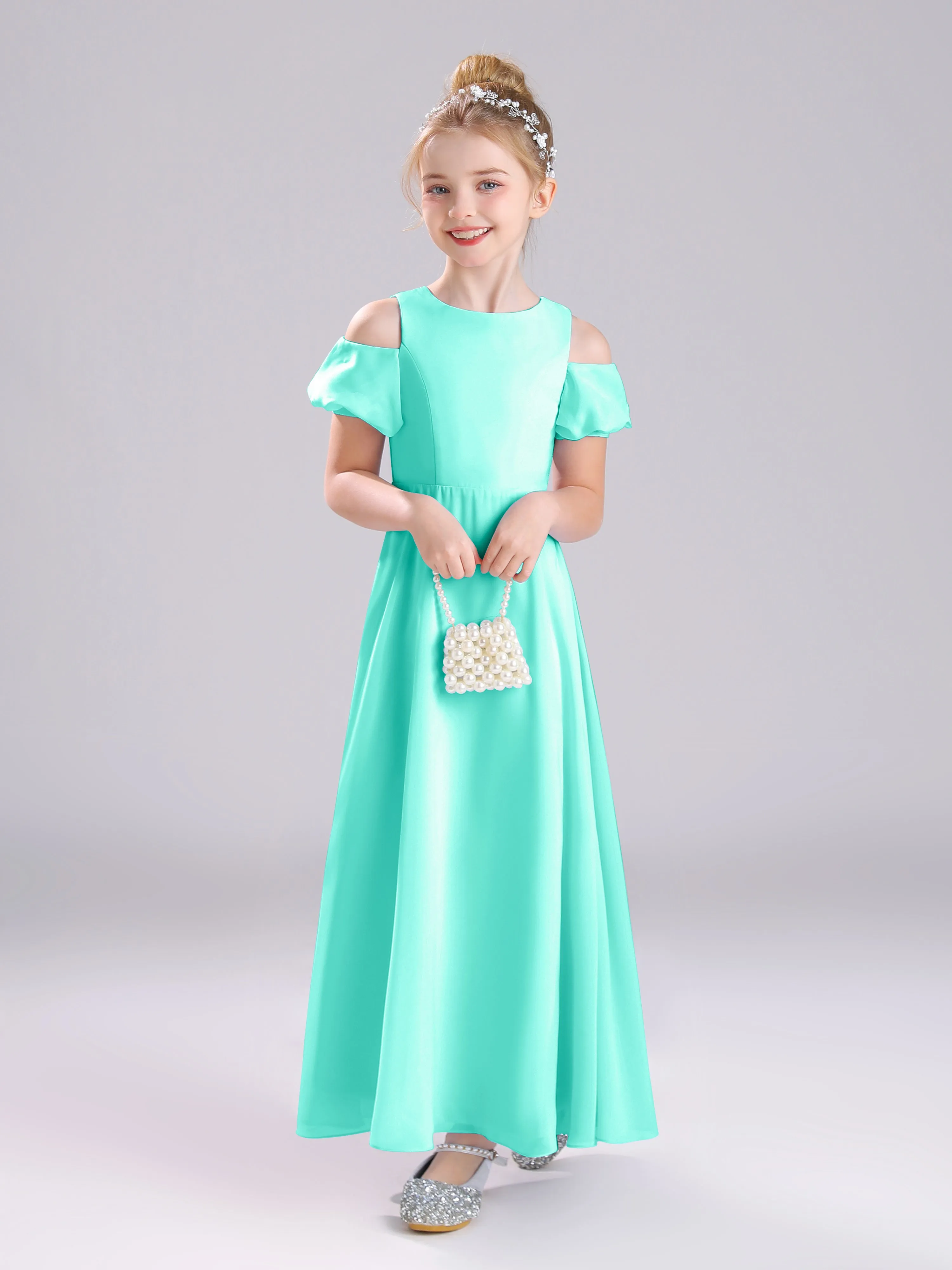 Off The Shoulder Jewel A-Line Long Chiffon Junior Bridesmaid Dresses