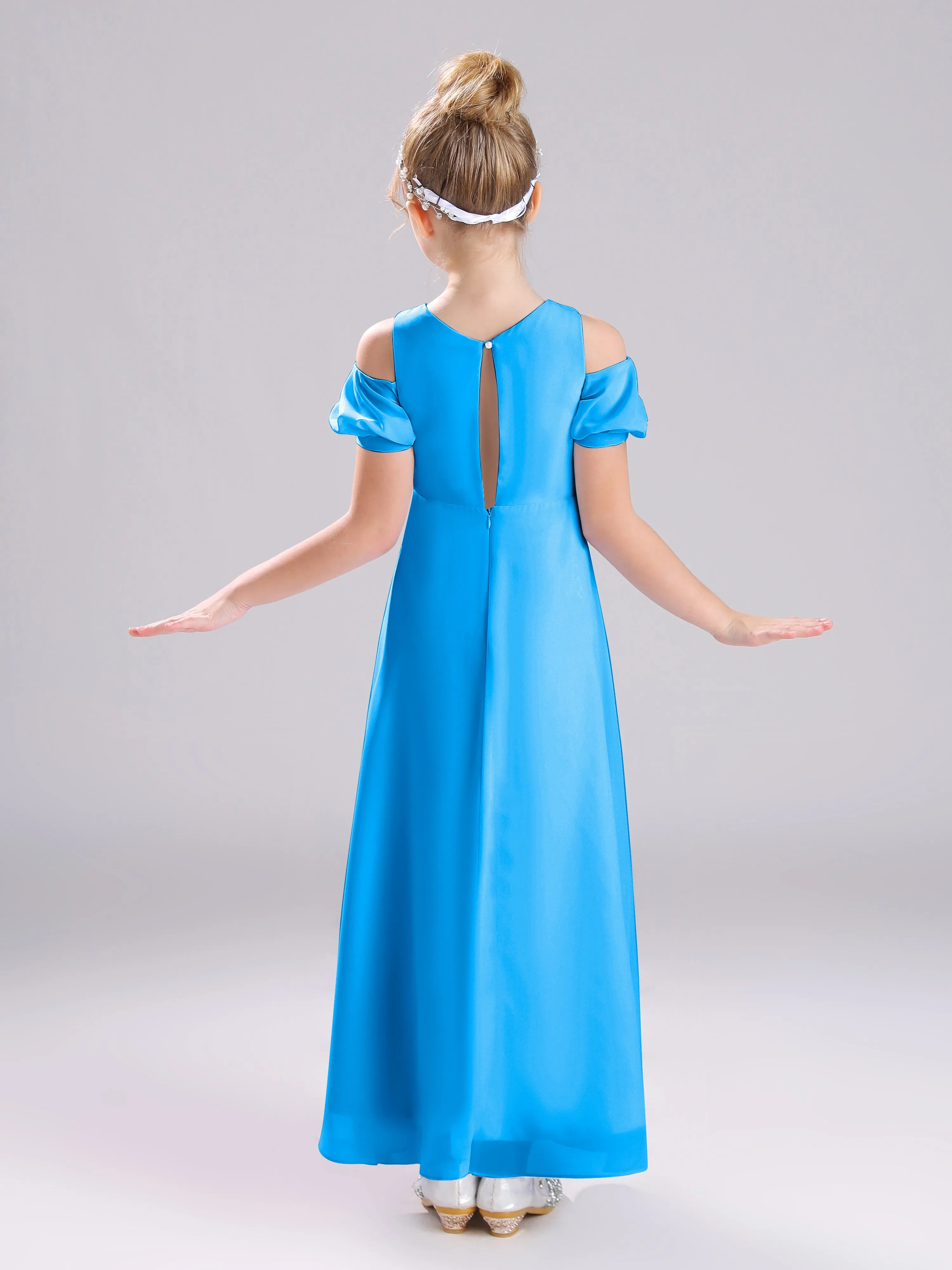 Off The Shoulder Jewel A-Line Long Chiffon Junior Bridesmaid Dresses
