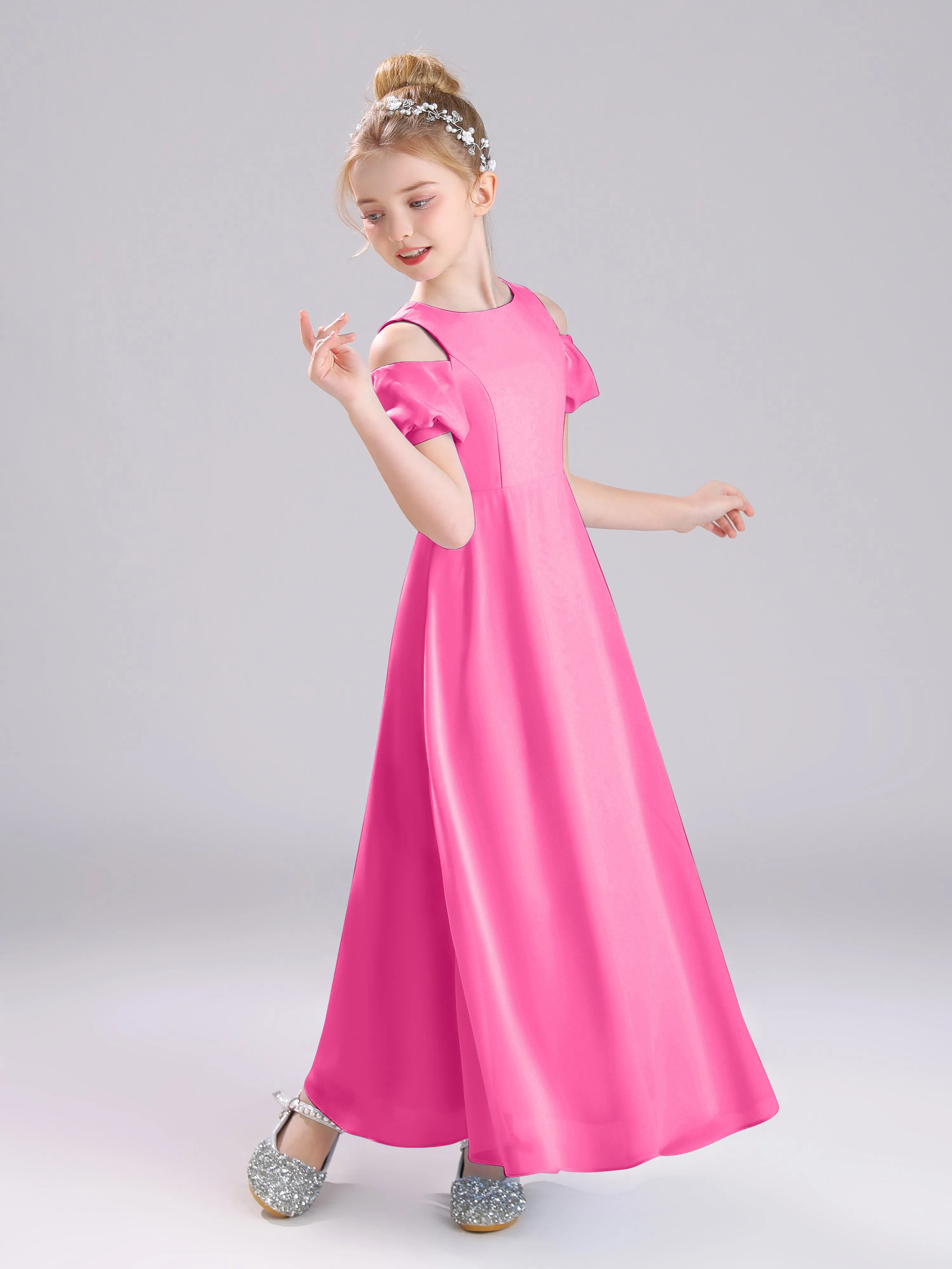 Off The Shoulder Jewel A-Line Long Chiffon Junior Bridesmaid Dresses