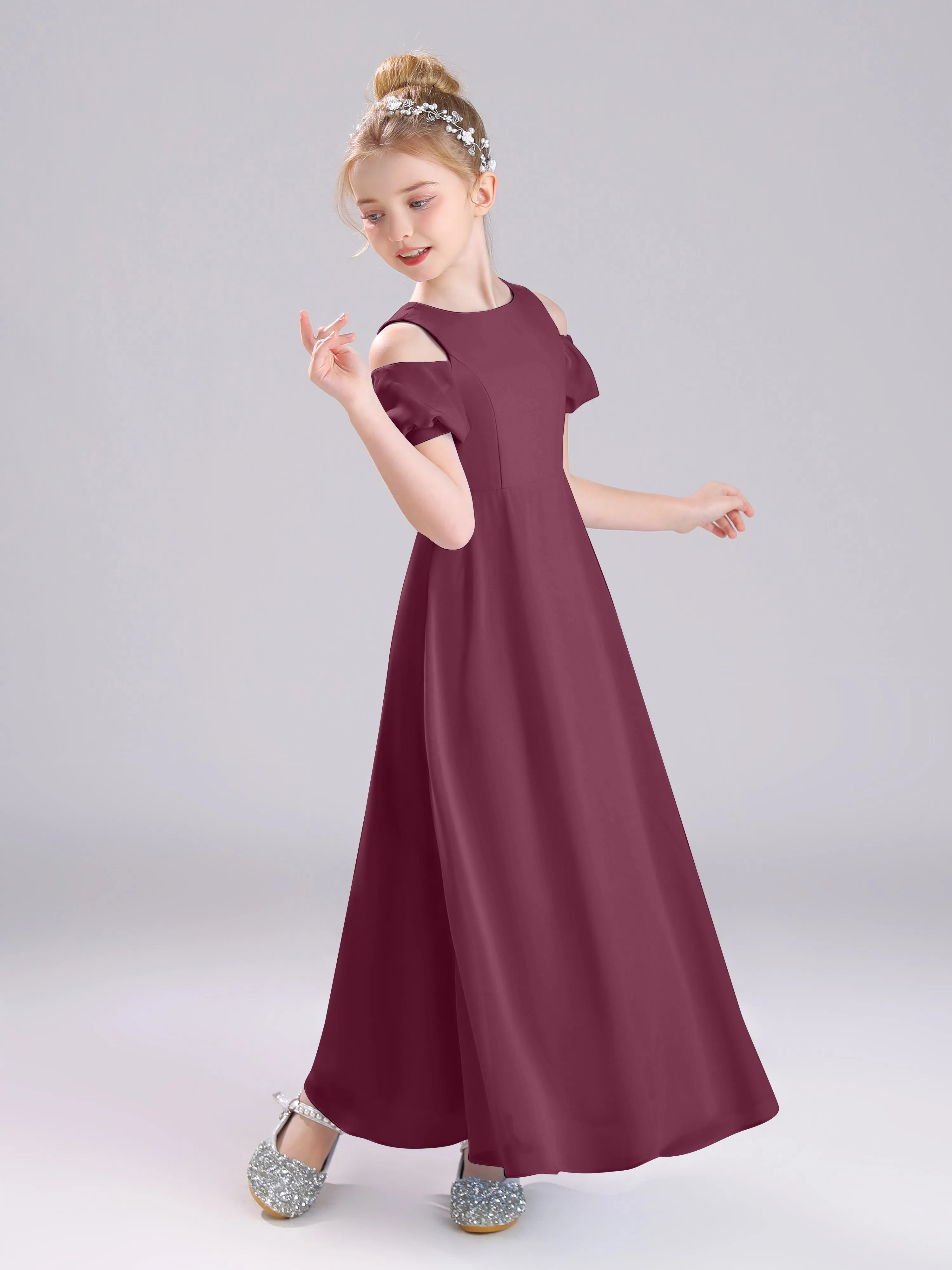 Off The Shoulder Jewel A-Line Long Chiffon Junior Bridesmaid Dresses