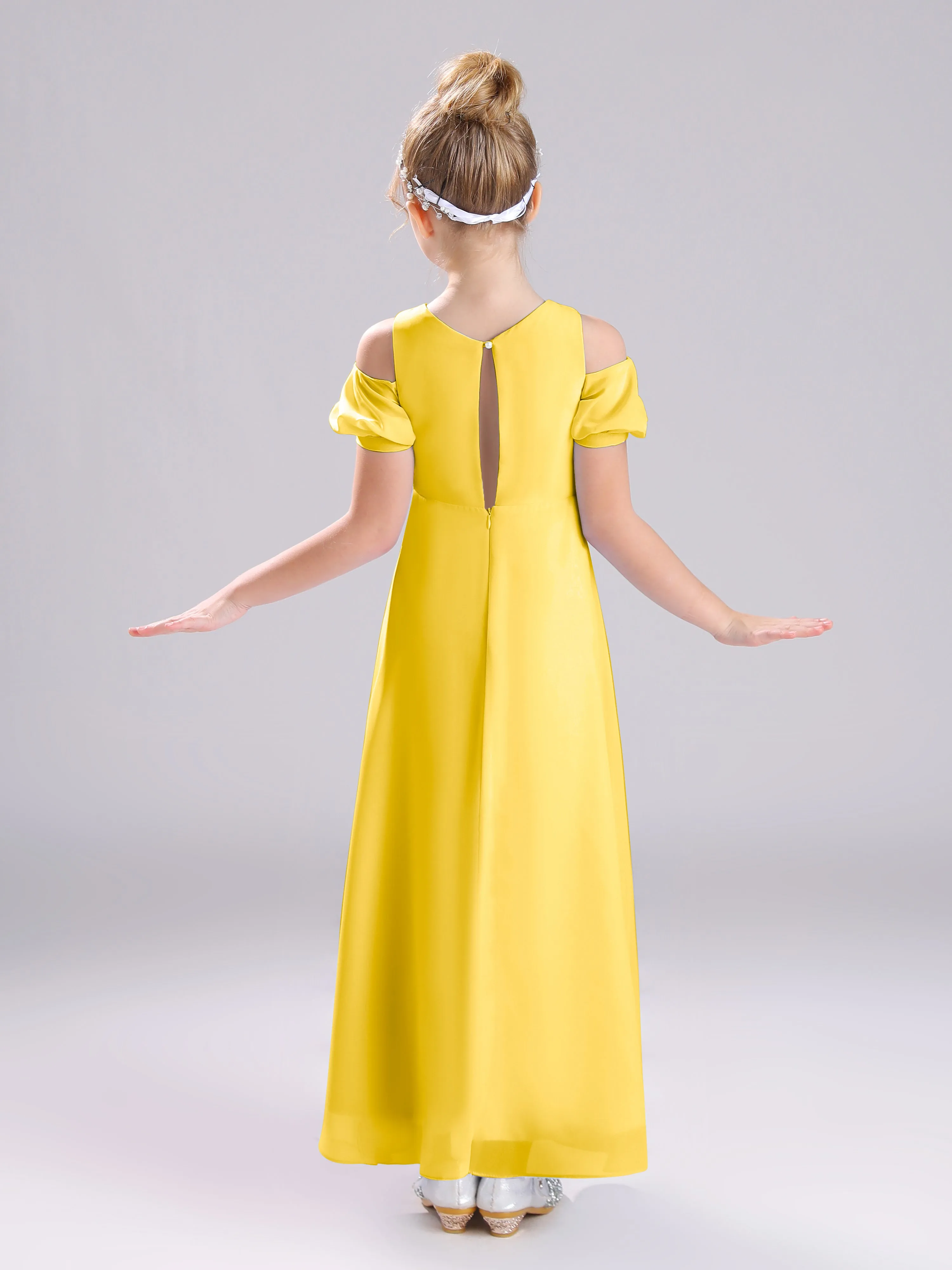 Off The Shoulder Jewel A-Line Long Chiffon Junior Bridesmaid Dresses