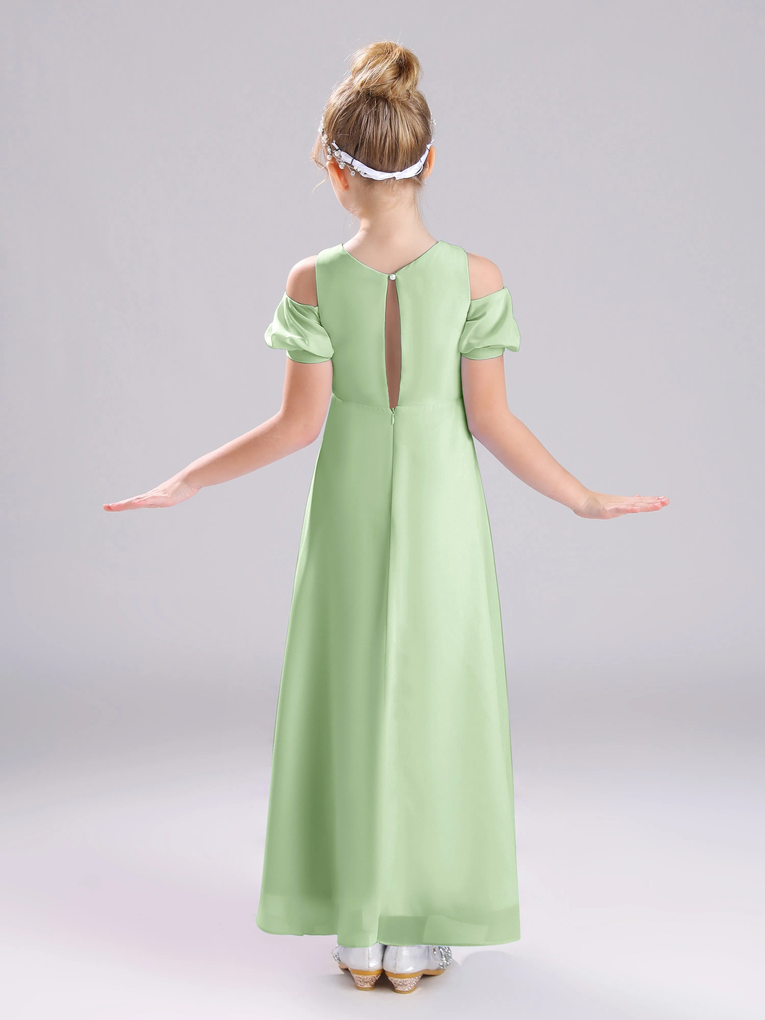 Off The Shoulder Jewel A-Line Long Chiffon Junior Bridesmaid Dresses