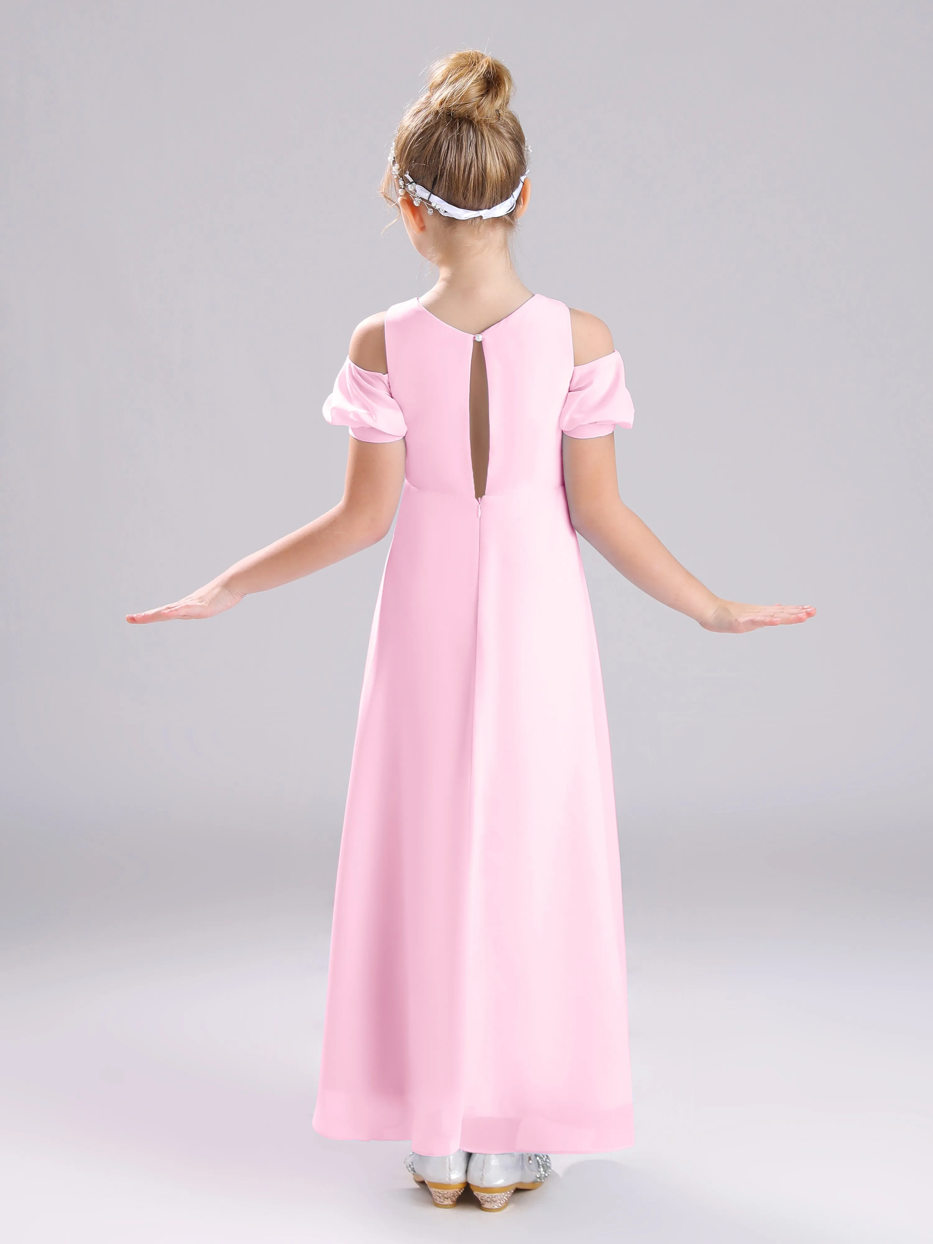 Off The Shoulder Jewel A-Line Long Chiffon Junior Bridesmaid Dresses