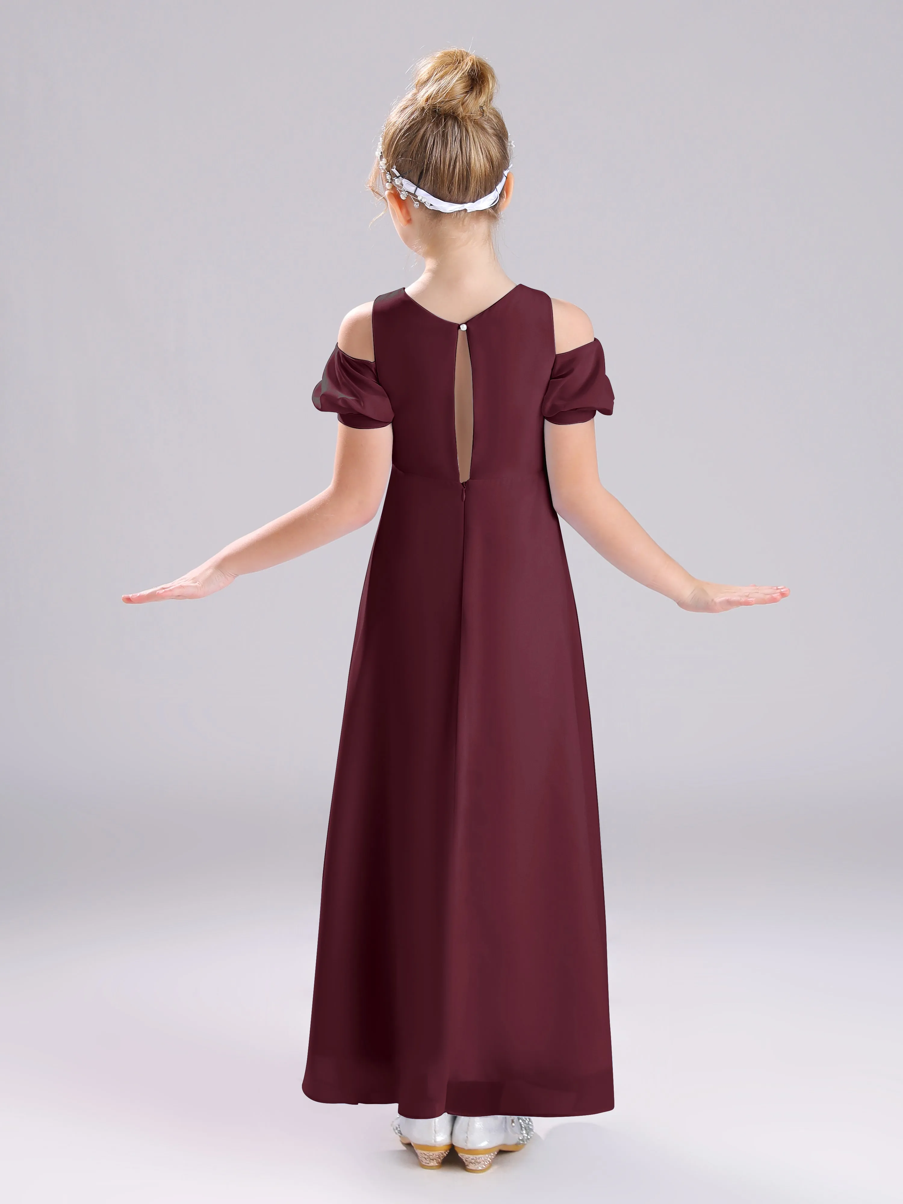 Off The Shoulder Jewel A-Line Long Chiffon Junior Bridesmaid Dresses