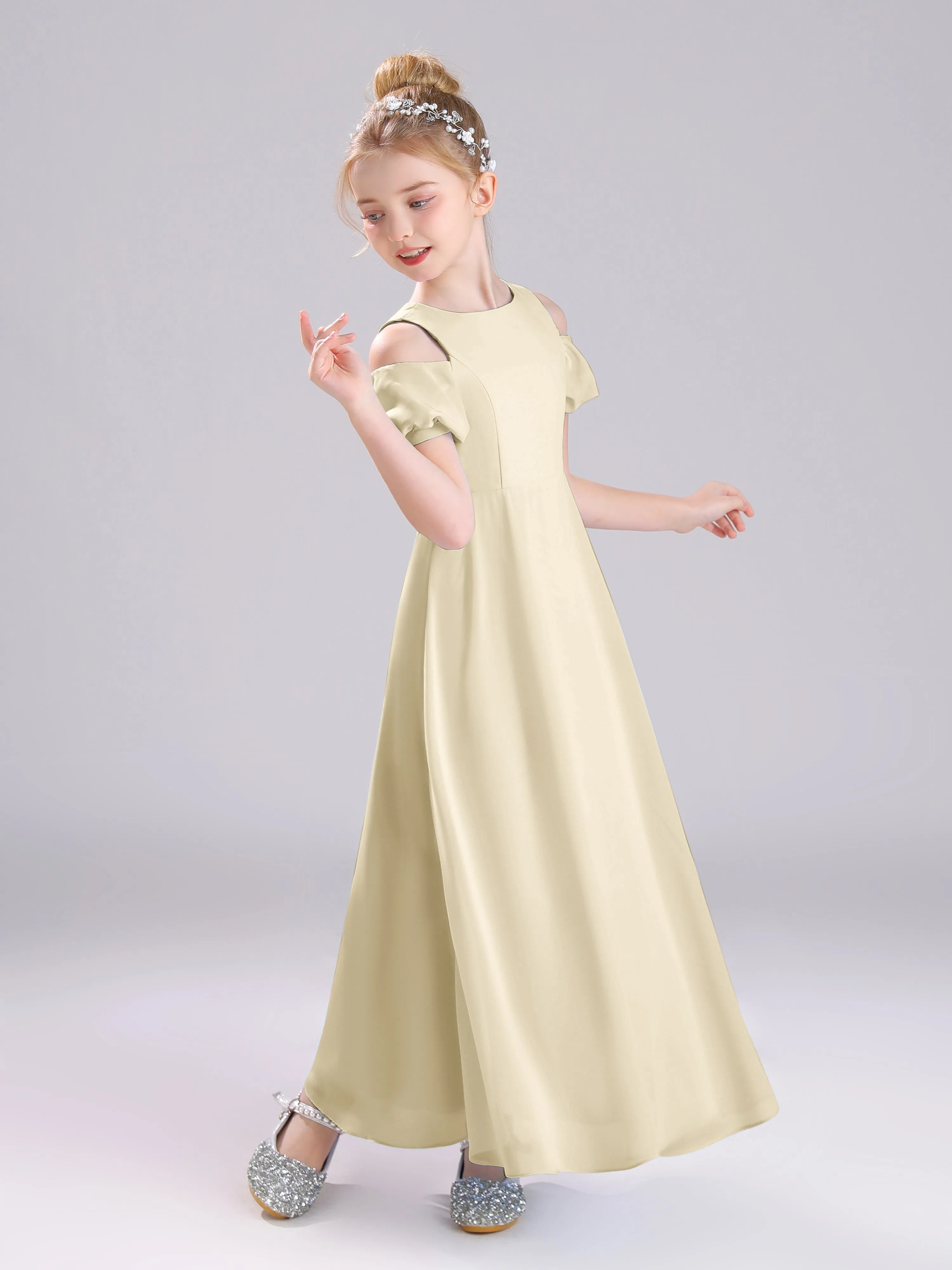 Off The Shoulder Jewel A-Line Long Chiffon Junior Bridesmaid Dresses