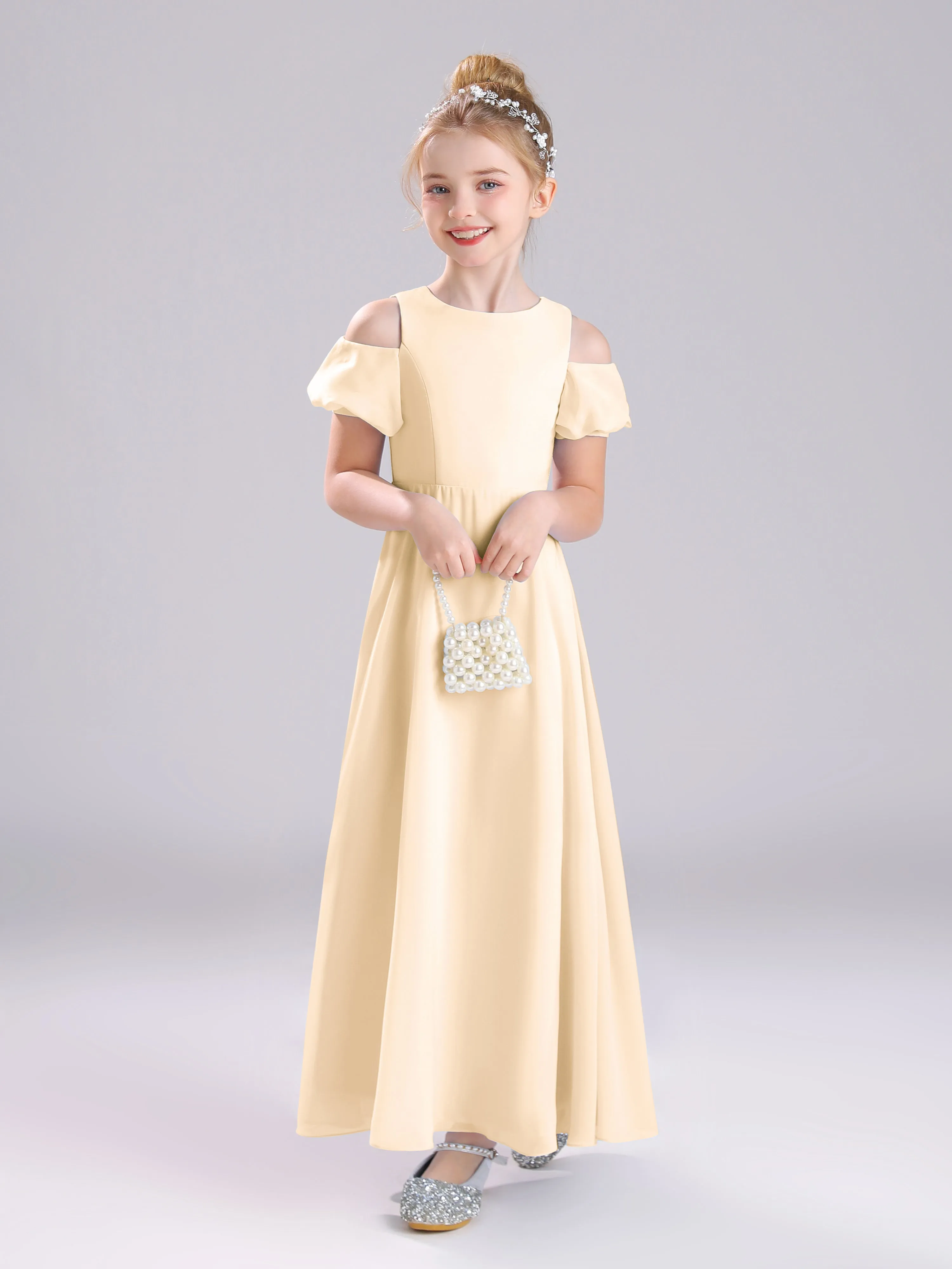 Off The Shoulder Jewel A-Line Long Chiffon Junior Bridesmaid Dresses
