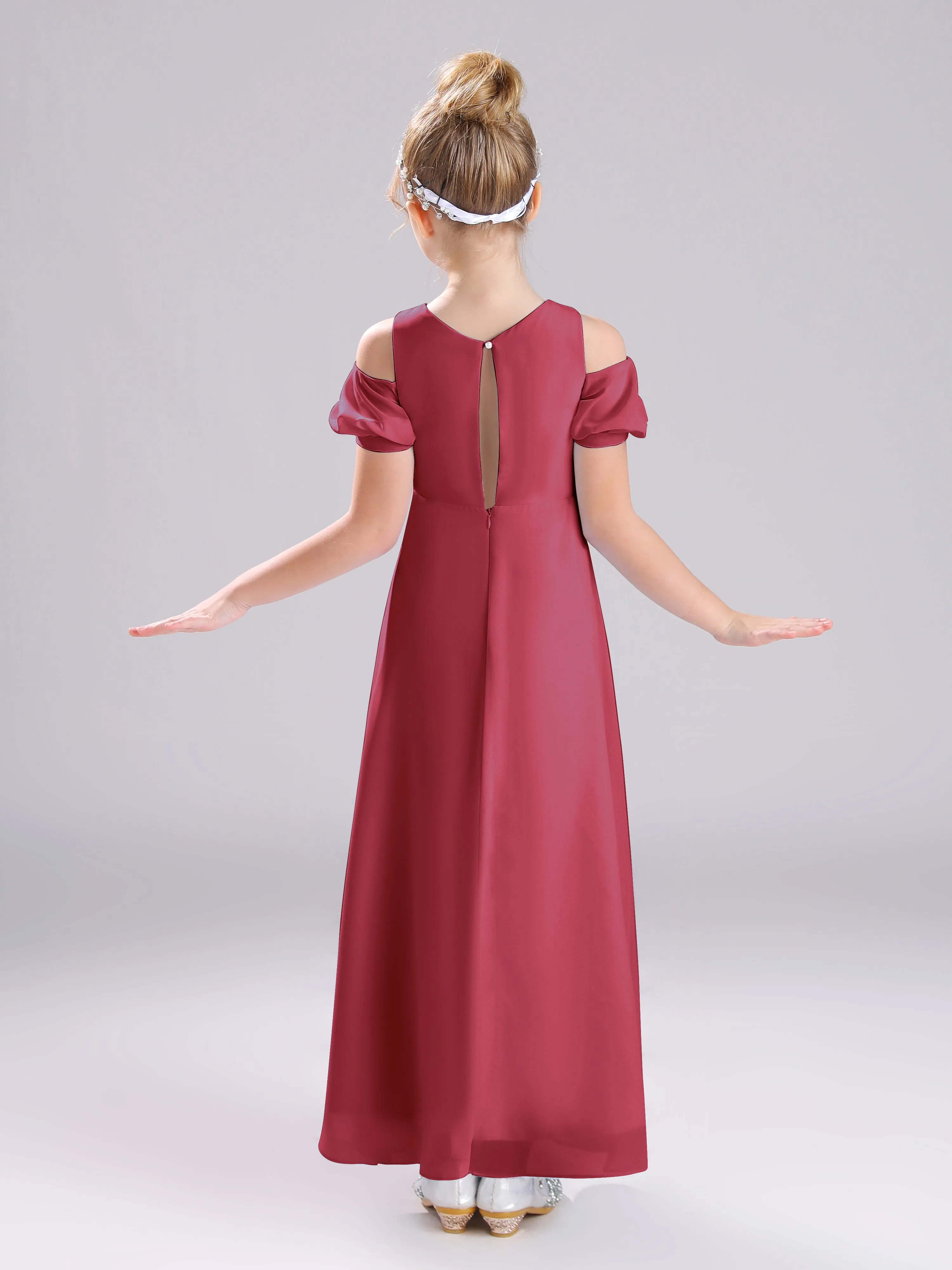 Off The Shoulder Jewel A-Line Long Chiffon Junior Bridesmaid Dresses