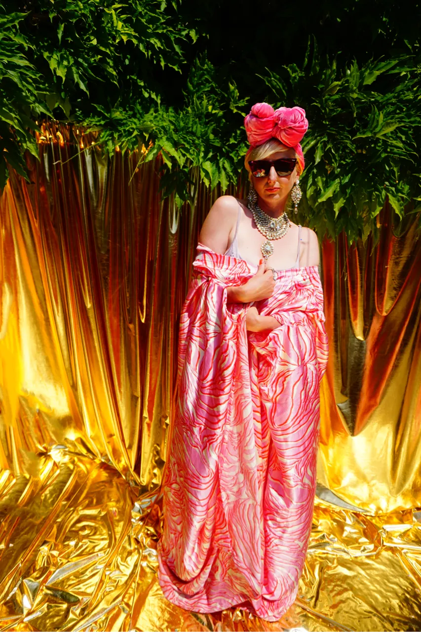 Red and Pink Viscose satin print Kaftan Gown / Kimono Robe