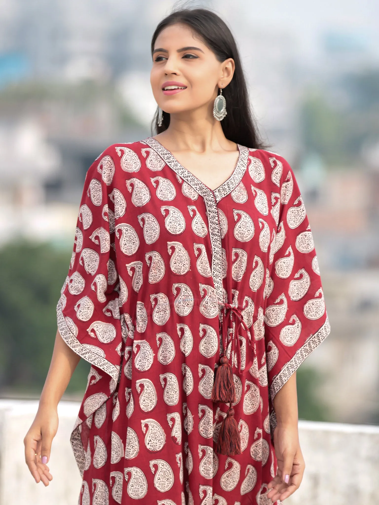 Red Beige Black Hand Block Printed Kaftan - K004F1716