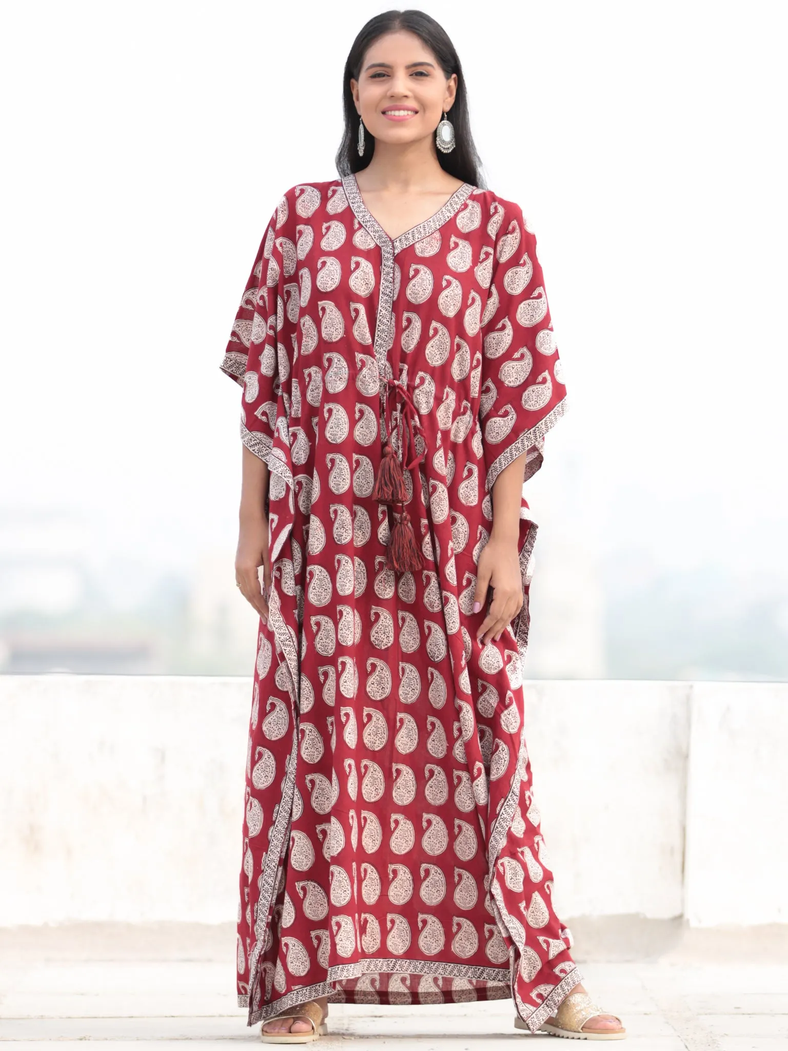 Red Beige Black Hand Block Printed Kaftan - K004F1716