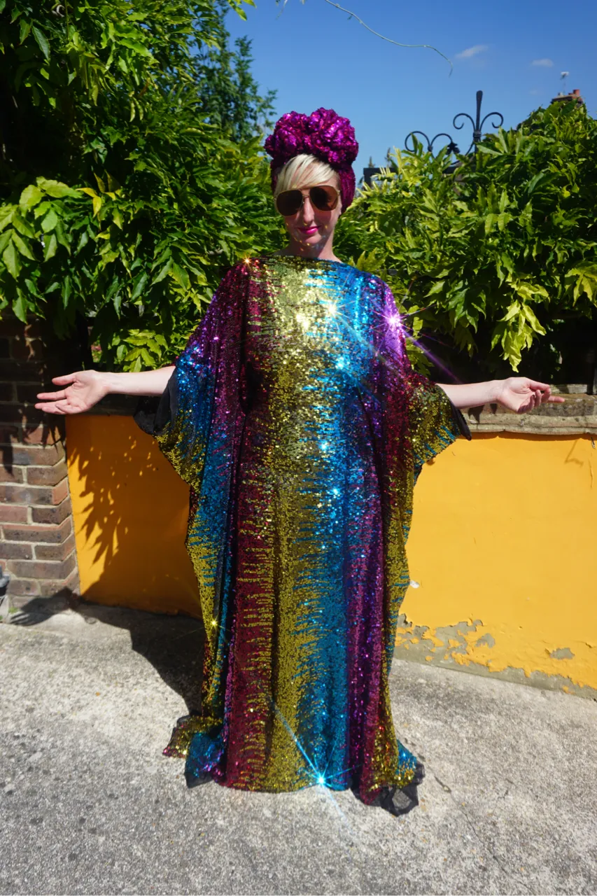 Siren Sequins - magenta pink, Gold, turquoise blue and ruby red  - Slash Neck