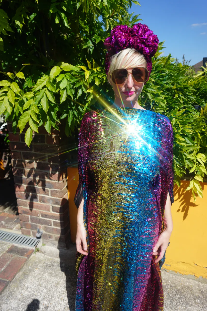 Siren Sequins - magenta pink, Gold, turquoise blue and ruby red  - Slash Neck