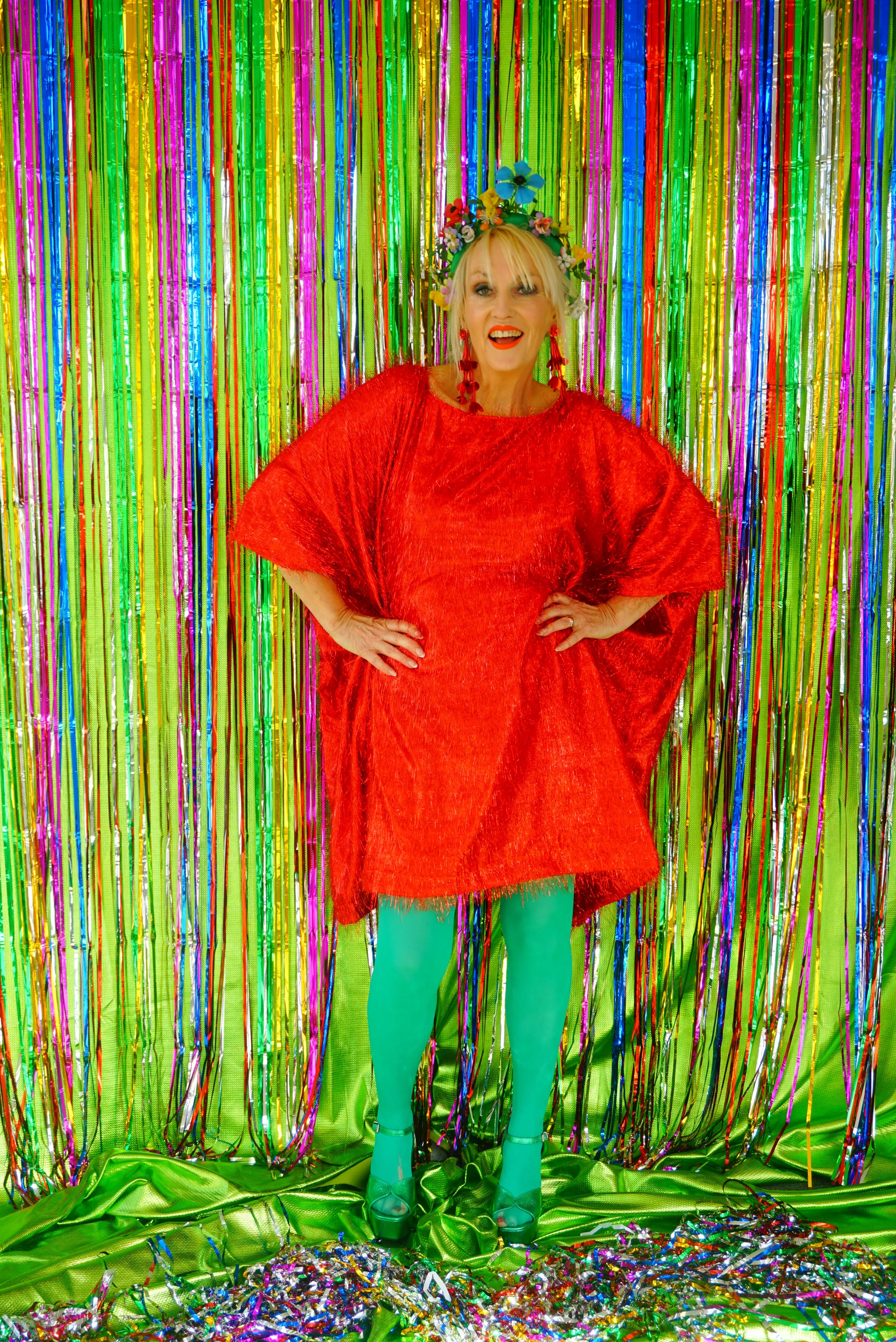 Sparkles Tinsel Hair Mini Kaftan Party Dress Red